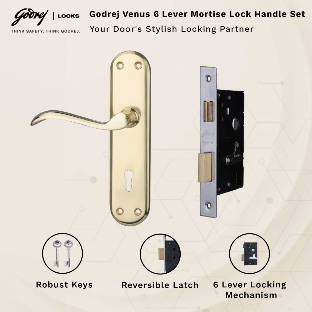 Godrej Mortise Door Lock Handle Set | 175mm Venus | 6-Lever Locking Mechanism | Reversible Latchbolt | Suitable for Left and Right Handed Doors Brass Finish| 5 YEARS WARRANTY